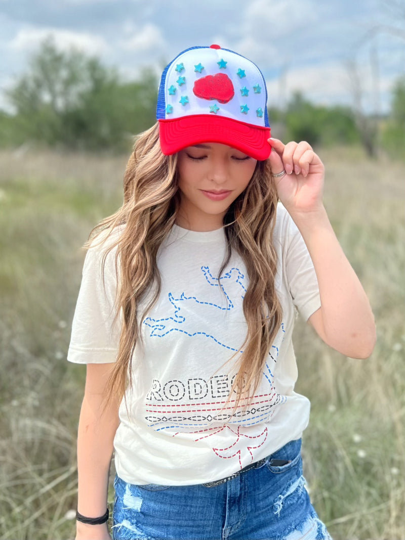 Sterling Kreek Too Cool for British Rule Tee I Gussieduponline. top. women's top. white. graphic tee. red. blue. independence. freedom. short sleeve. scoop neck. apparel. women's western boutique. small business. Ships fast from Texas.