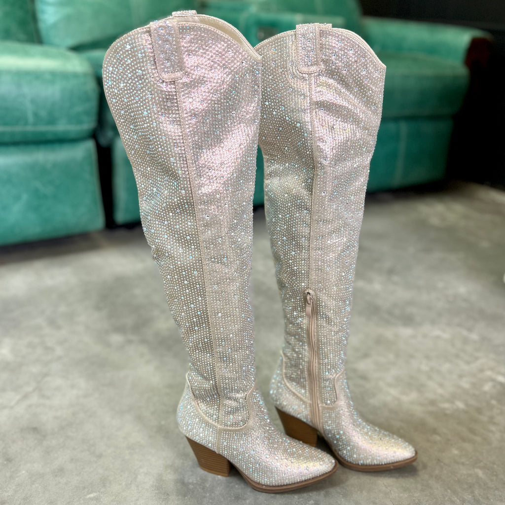 Champagne Bring Ya To Your Knees Rhinestone Boots | pataconquindiano