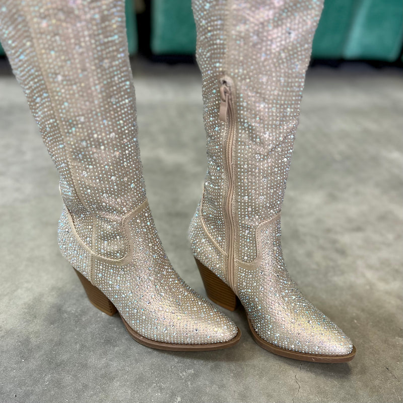 Champagne Bring Ya To Your Knees Rhinestone Boots | pataconquindiano